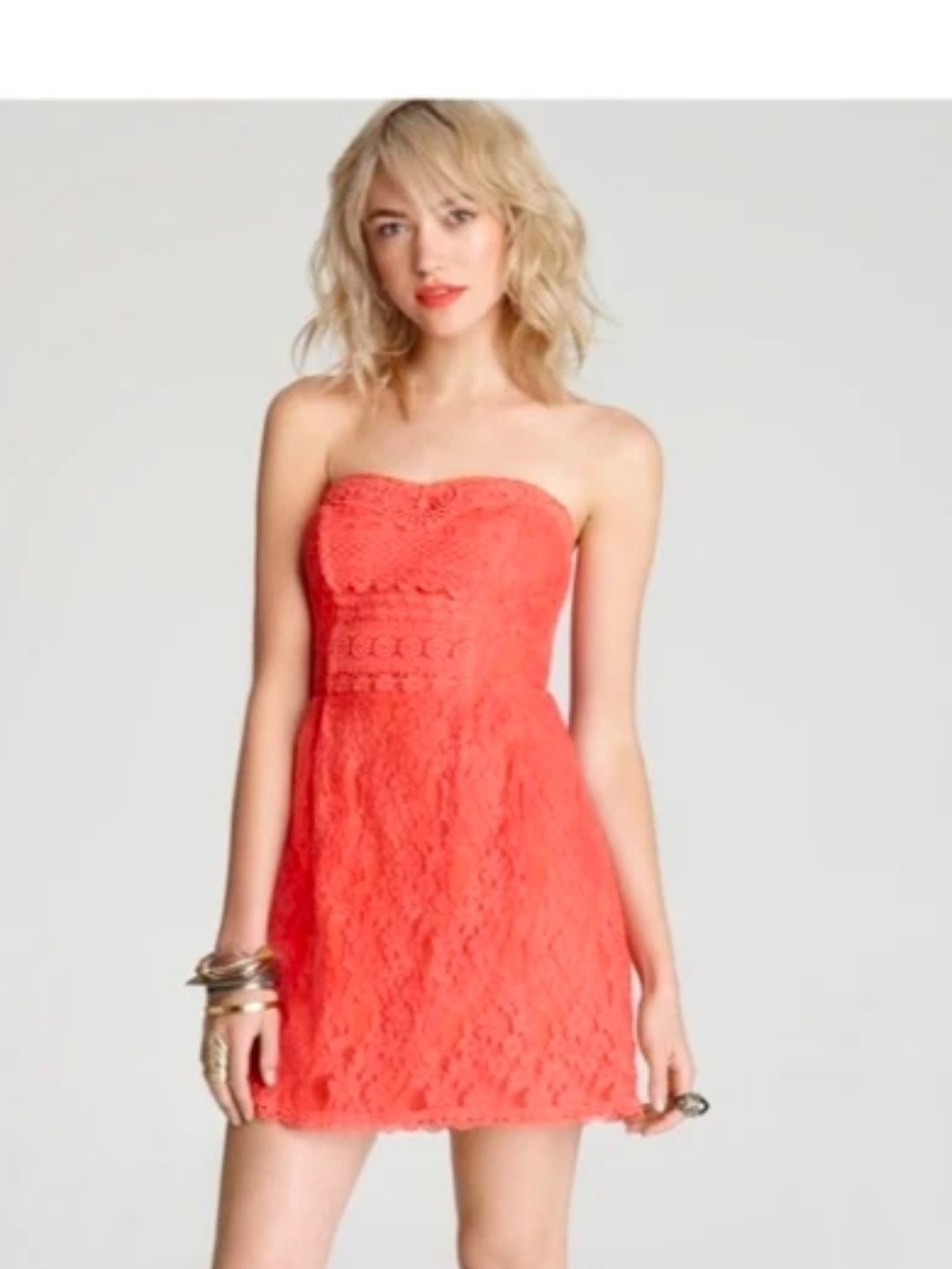 Free People Size 8 Coral Strapless Lace Mini Dress Runs Small